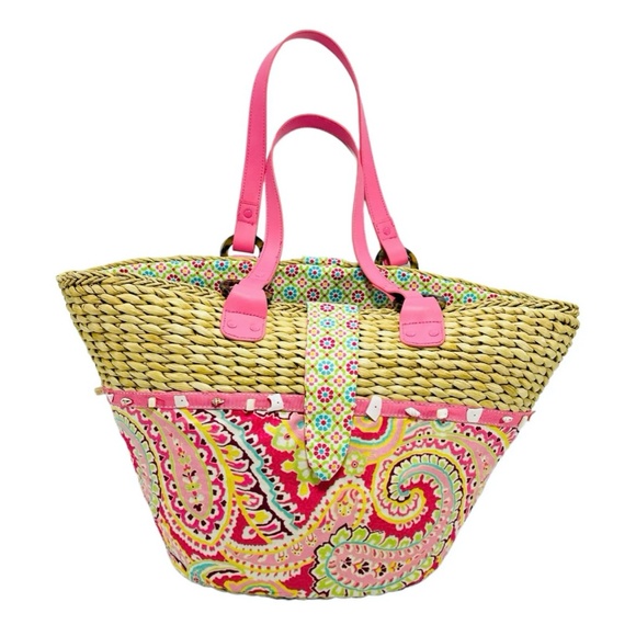 Vera Bradley Handbags - Retired Vera Bradley Large Straw Tote Beach Bag Pink Capri Melon
